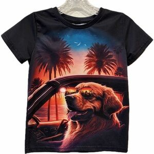 Golden Retriever Driving at Sunset Funny Print Kids T-Shirt